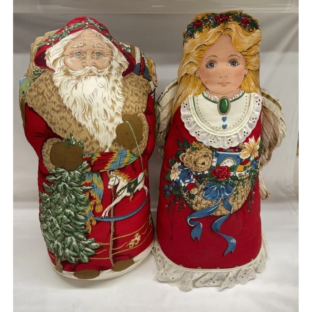 Vtg Fabric Father Christmas & Christmas Angel Stuffed Pillows Freestanding 18